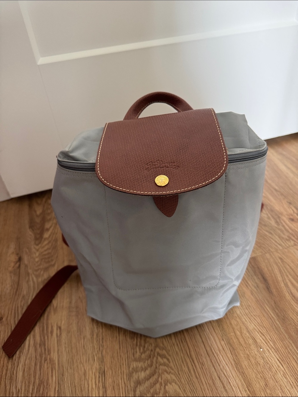 Longchamp Gray Backpack with Brown Leather Flap